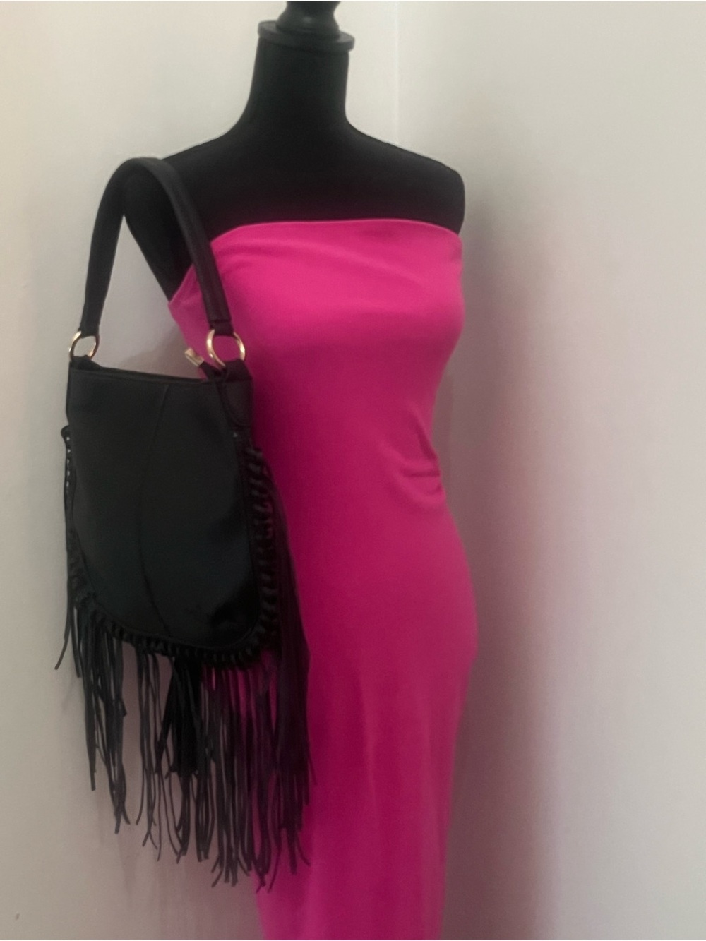 Women's Black Fringe Shoulder Bag with Gold Accents